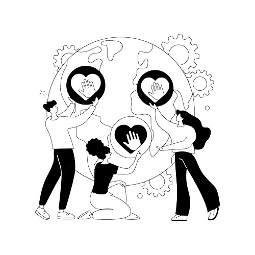 Illustration Weltkugel, drei Personen kleben Herzen drauf