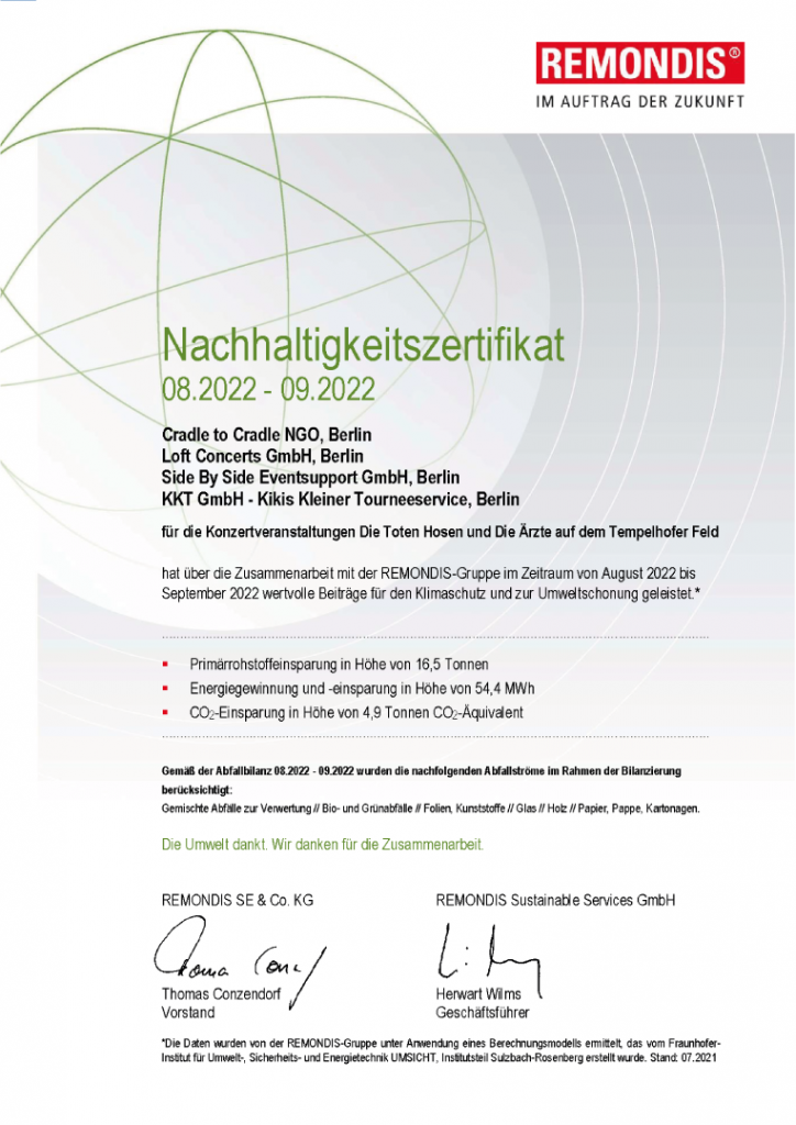 Nachhaltigkeitszertifikat für die Konzerte am Tempelhofer Feld von Remondis